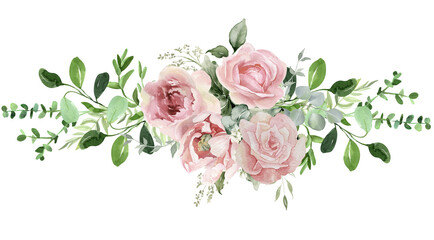 Watercolor Roses flower and eucalyptus greenery border. Floral bouquet for invitations, greeting and wedding