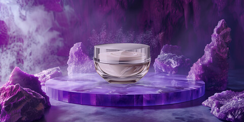 A jar of cream on a podium with violet stones and a foggy and magic atmosphere