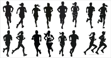 Men and women runners silhouette, Runner Silhouette, Young people running silhouettes, Runners silhouettes collection, Running man and woman black silhouettes, Running, Jogging, Women, Exercise, Sport