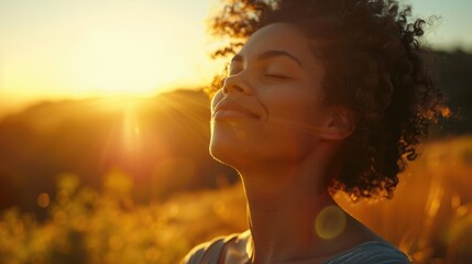 A woman with curly hair is smiling and looking up at the sun. Concept of happiness and contentment, as the woman is enjoying the warmth of the sun and the beauty of the moment