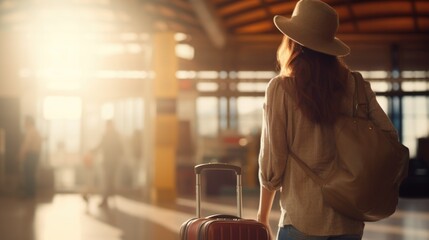 A woman wearing a straw hat and carrying a suitcase is walking through an airport. She is the main...