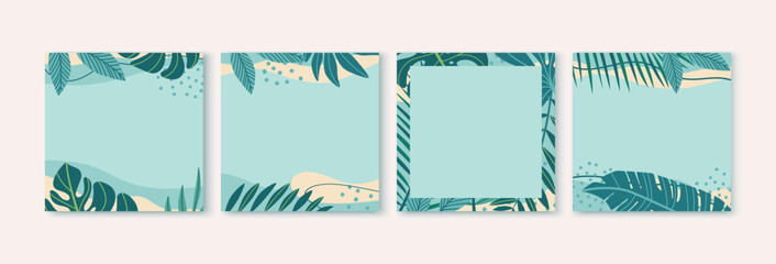 Summer holiday social media post templates set. Collection in flat design.Summer concept with tropical leaves. Stock illustration.
