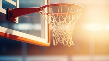 A basketball net is shown with the rim of the net in focus
