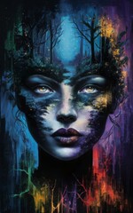Abstract portrait of a woman's face with vibrant colors surrounding her within the silhouette of the face you can see a forest landscape with a river 