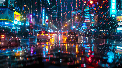 neon glow in urban rainstorms illuminate a cityscape featuring a yellow sign, a white bus, and a tall building