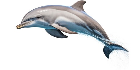 A dolphin is flying through the air. The dolphin is white and gray. The water is blue