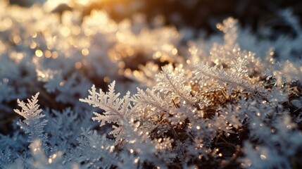 Fototapeta premium A close up of snow covered branches with frost on them. Concept of tranquility and peacefulness, as the snowflakes gently cover the branches, creating a serene and calm atmosphere