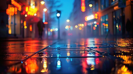 Naklejka premium Street photograph, a nighttime urban scene with triad colors of indigo, chartreuse, and tangerine. Apply a bokeh lens for dreamy lights. Generative AI