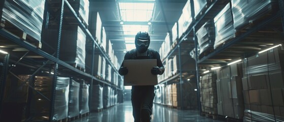 In a futuristic warehouse, a worker wearing a full body powered exoskeleton walks with a heavy cardboard box. The exosuit amplifies human strength. Low angle portrait shot.