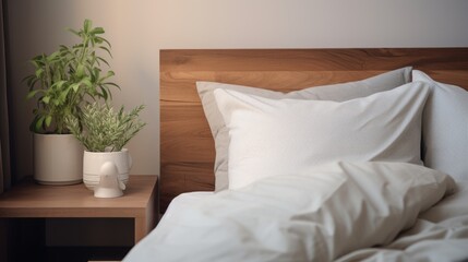 A bed with a white comforter and two pillows. A potted plant is on a nightstand next to the bed