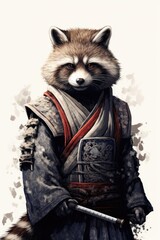 Obraz premium A fox is dressed in a samurai costume and holding a sword. The fox has a serious expression on its face