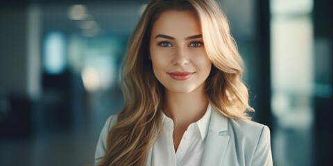 A woman with blonde hair and a white shirt is smiling for the camera. She is wearing a business suit and she is confident and professional