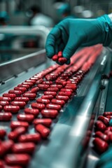 A conveyor belt with red pills on it. A person is wearing gloves and reaching for the pills