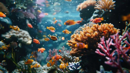 A colorful coral reef with many fish swimming around it. The fish are of various colors, including orange, yellow, and pink. The coral reef is a vibrant and lively scene, showcasing the beauty