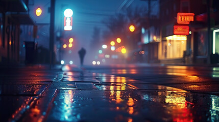 Obraz premium Street photograph, a nighttime urban scene with triad colors of indigo, chartreuse, and tangerine. Apply a bokeh lens for dreamy lights. Generative AI