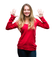 Young beautiful blonde woman wearing red sweater over isolated background showing and pointing up with fingers number ten while smiling confident and happy.