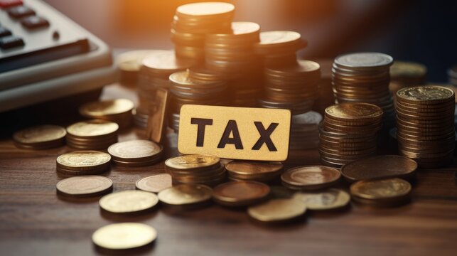 A pile of coins and a calculator with the word tax written on a piece of paper. Concept of money and taxes, and the mood is serious and focused