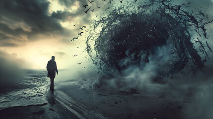 A dramatic illustration of a man facing a stormy sea, evoking themes of struggle, resilience, and confrontation with the unknown