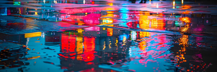 neon reflections in urban rain puddles create a colorful urban landscape, with a building in the foreground and a variety of fish swimming in the water