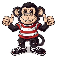 Obraz premium Cute monkey wearing red striped shirt with nice hand symbol