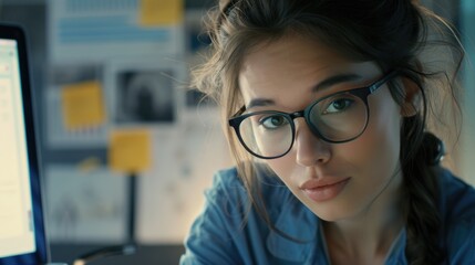 A woman wearing glasses is sitting at a desk with a laptop and a monitor. She is looking directly at the camera