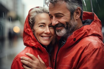 Obraz premium In Love and Rain - A Couple Embraces Each Other Under an Umbrella Fictional Character Created By Generative AI. 