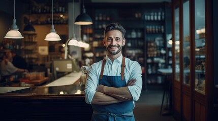 Fototapeta premium A man in a blue apron stands in a restaurant with a smile on his face. He is wearing an apron and has his arms crossed