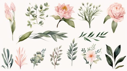 Fototapeta premium A collection of flowers and leaves in various sizes and shapes. The flowers are pink and green, and the leaves are green. Concept of natural beauty and tranquility