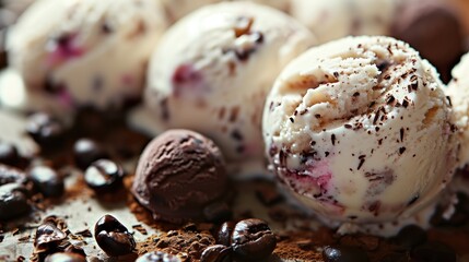A scoop of ice cream with chocolate chips on top. The ice cream is sitting on a plate with some coffee beans - Powered by Adobe