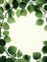 Obraz premium A leafy branch with green leaves is shown in the center of a white background. The leaves are arranged in a circular pattern, creating a sense of harmony and balance