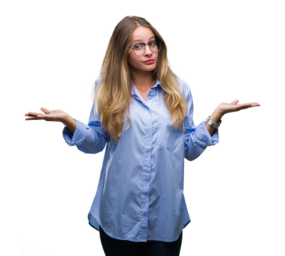 Young beautiful blonde business woman wearing glasses over isolated background clueless and confused expression with arms and hands raised. Doubt concept.