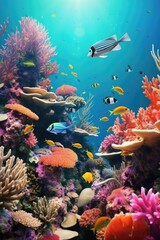 A colorful coral reef with a variety of fish swimming around. The fish are of different colors and...