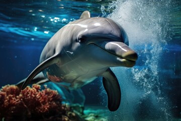 A dolphin is swimming in the ocean with its mouth open. The dolphin is surrounded by coral and seaweed