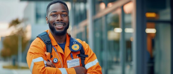 Black African American paramedic stands proudly in high visibility medical orange uniform and smiles for the camera. Successful emergency medical technician or doctor.