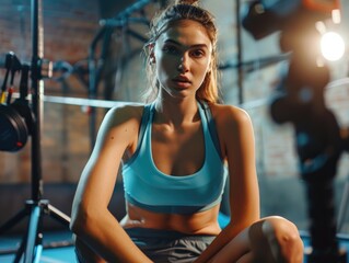 Fototapeta premium A woman is sitting in a gym with a camera behind her. She is wearing a blue tank top and grey shorts