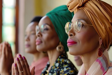 Three women wearing glasses and head scarves are praying. One of the women is wearing a gold scarf
