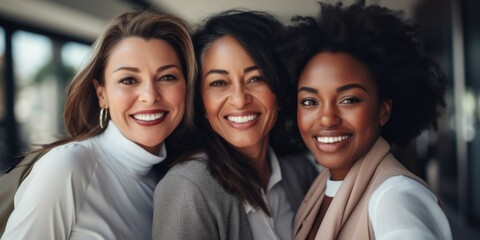Fototapeta premium Three women smiling for the camera. One is wearing a white shirt, the other two are wearing gray