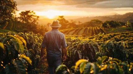 Fototapeta premium A man wearing a hat walks through a field of green plants. The sun is setting in the background, casting a warm glow over the scene. The man is tending to the plants, possibly a farmer or a gardener