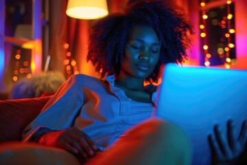 A woman is sitting on a couch and looking at a tablet. The room is dimly lit, and there are colorful lights in the background. The woman is focused on the tablet