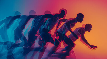Fototapeta premium An illustration of runners in motion, depicted with a gradient from blue to orange, emphasizing speed and the energy of competitive sports
