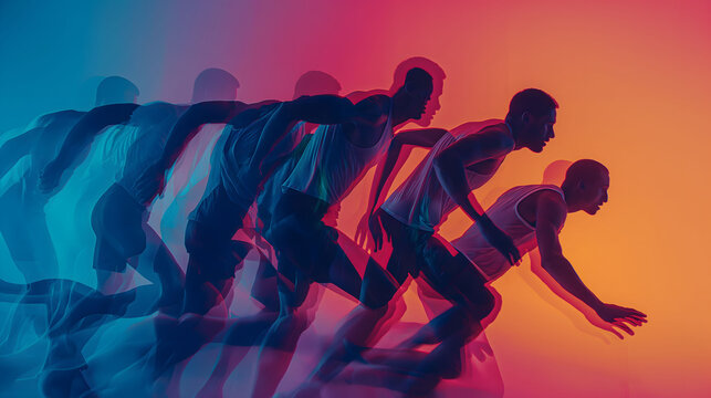 An illustration of runners in motion, depicted with a gradient from blue to orange, emphasizing speed and the energy of competitive sports