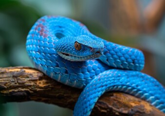 A Blue viper snake on the branch of tree.
