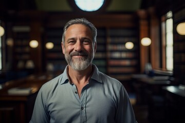 Fototapeta premium Portrait of a cheerful man in his 50s wearing a simple cotton shirt on classic library interior