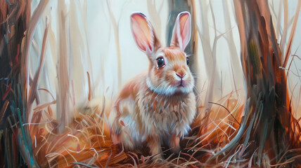 Forest Wildlife.  Generated Image.  A digital illustration of realistic wildlife in a peaceful forest painting. Rabbit. Bunny.