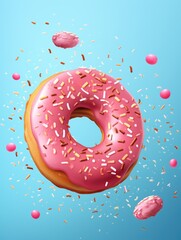 A pink donut with sprinkles and a white letter O