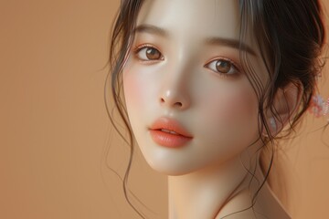 A woman with brown hair and brown eyes is wearing makeup. She has a smile on her face