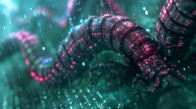 Glowing cyber worm made green pink lights dark background
