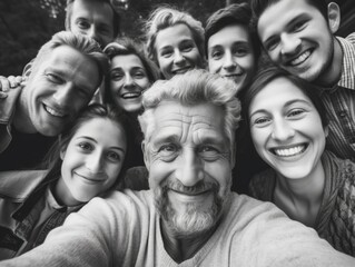 Obraz premium A group of people are smiling for a picture, including a man with a beard. Scene is happy and friendly