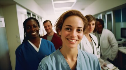 A group of nurses are smiling for the camera. The woman in the center is the only one wearing a...