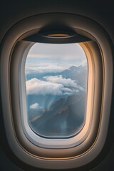 A window on an airplane with a view of mountains and clouds